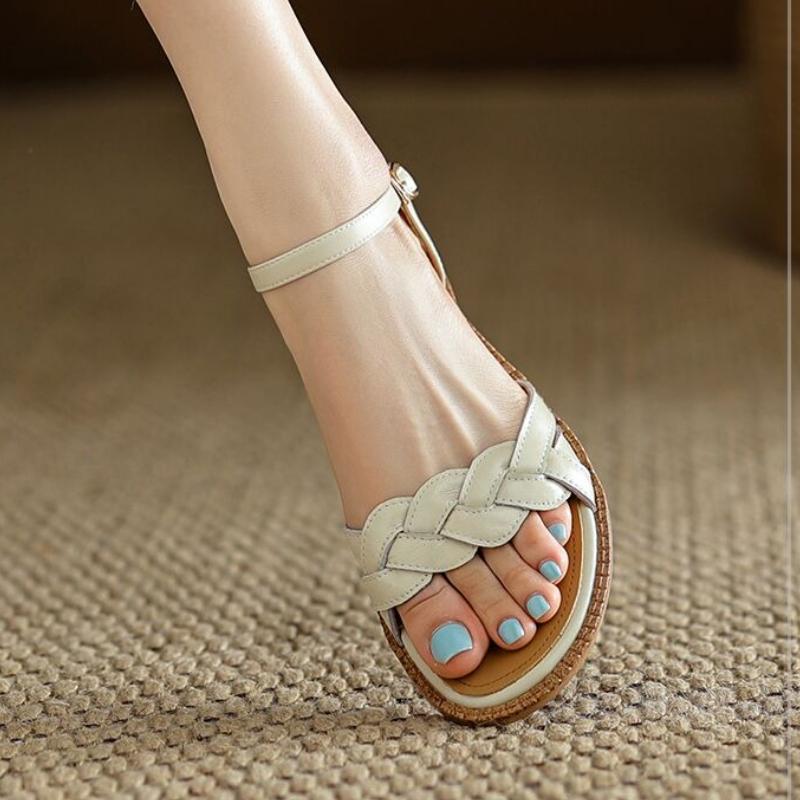 Fashion 2025 New Summer Open Toe Low Heel Braided Line Button Beach Line Sandals Flat Soft Leather Retro Roman  Women