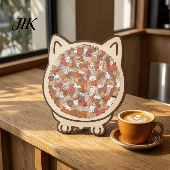 Home Office Shelf Ornaments Colored Cat Shaped Wooden Jigsaw Puzzle, Creative Desktop Ornament, Unique Animal Shape Educational Puzzles for Kids Wood