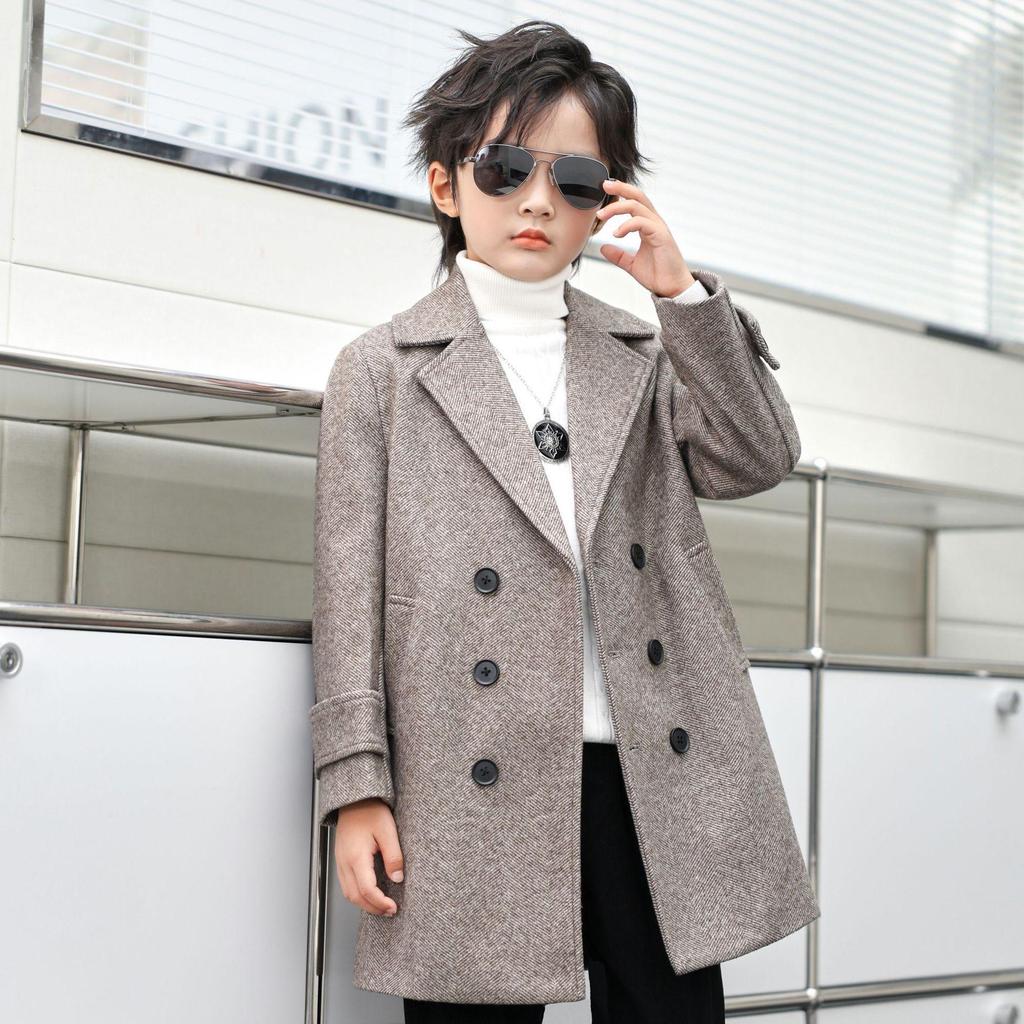 Boys' Mid-Length Wool Trench Coat - Stylish and Warm Korean-Style Overcoat for Autumn and Winter