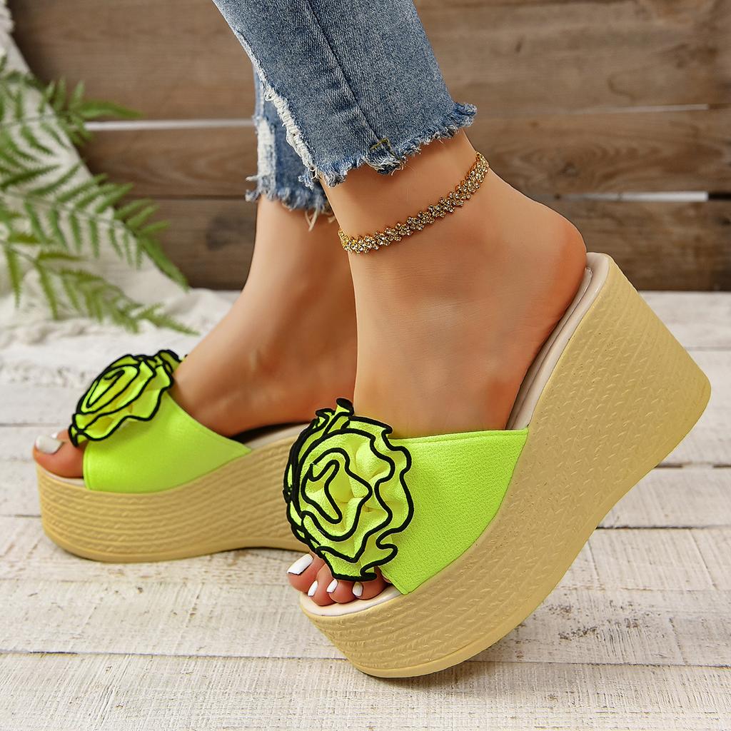 Aphixta Fluorescent Pink Wedge Heels Slippers Women Bohemian Flower Mulers 4cm Platform Sandals Clog Shoe Slides Plus Size 43