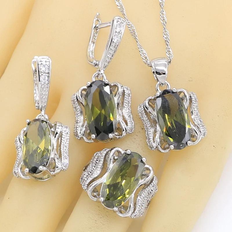 Grüner Zirkonia Dubai Hochzeitsschmucksets für Frauen Armband Ohrringe Halskette Anhänger Ring Geburtstagsgeschenk