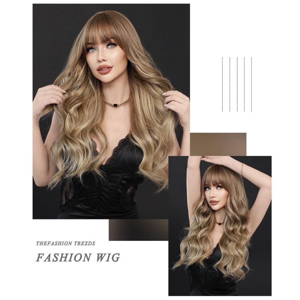 Women's Simulation Wig 68cm Hair Brown Wig Long Curly Wig Full Headgear Rose Hair Net Headdress Beauty Decoration Wig