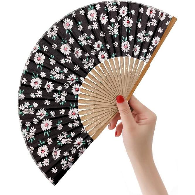 HeyToo Women Held Hand Folding Fan - Bamboo Printed Pattern Foldable Fan - Ideal for Decoration, Wedding, Themed Anniversary Party, Church, EDM,