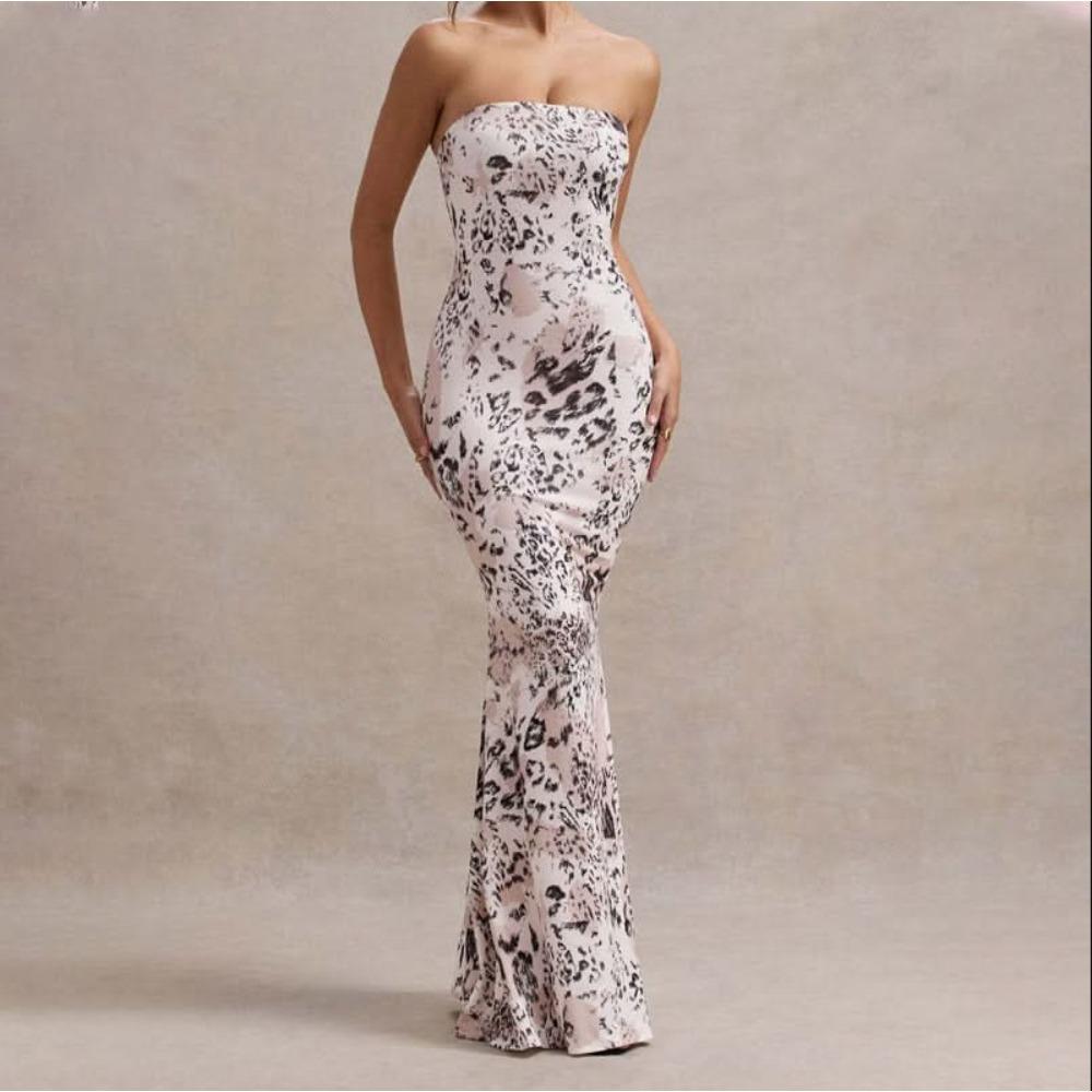 Women's Strapless Sleeveless Mermaid Maxi Dress Slim Elastic Waist Tropical Floral Milk Silk Micro Elastic Backless Party Evening Long Dress