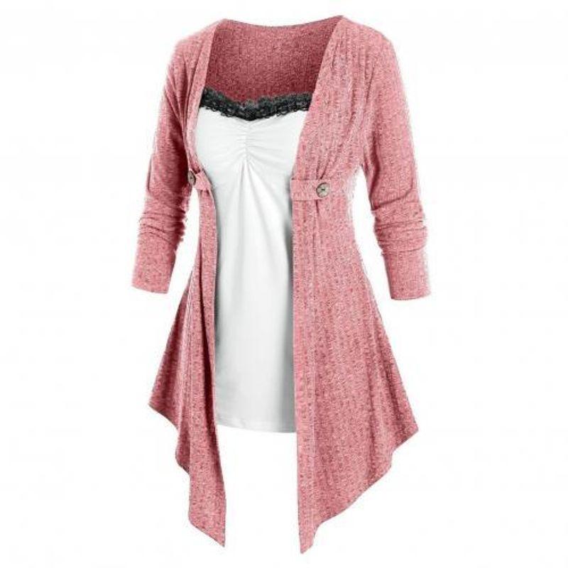 

Autumn and Winter Stitching Long Sleeve Fake Two Pieces Pink 3XL