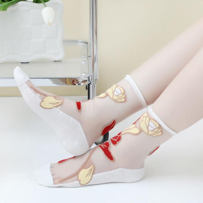 1/3/5/10 Paar durchsichtige, transparente lange Nylonsocken für Damen, Sommer, ultradünn, atmungsaktiv, Kristallseidensocken, Stickerei, Blumenmuster, süße Spitzensocken