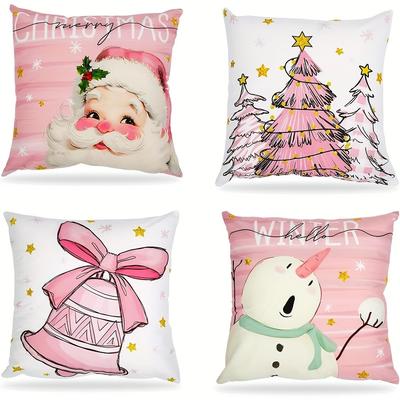Christmas Themed Pink & White Pillowcases: Santa, Trees, Bell, Snowman Sofa Bed Cushion Cover, New Year Home Decoration