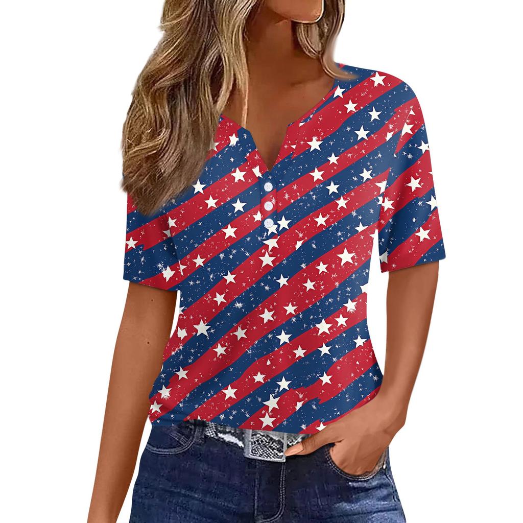 Women's T Shirt Independence Day Print Button Short Sleeve Daily Weekend Fashion Basic V- Neck Regular Top