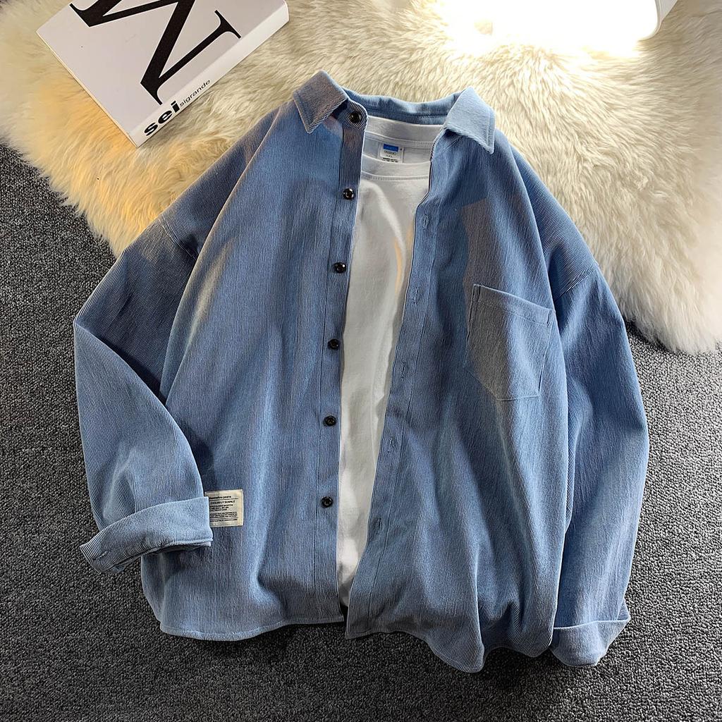 Spring Autumn Corduroy Long Sleeve Men's Shirts Streetwear Solid Color Oversize Harajuku Man Shirt