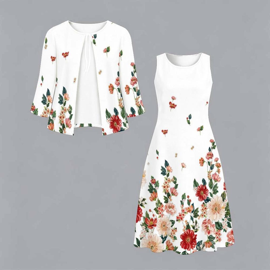 Oversized Female Two Piece Set Floral Sling Dress With Hollow Out Knit Outer Coat