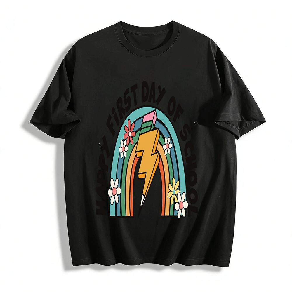 

Happy First Day Of School Retro Rainbow Graphic Print T-Shirt For Kids Adults Pure cotton T-shirt XXS