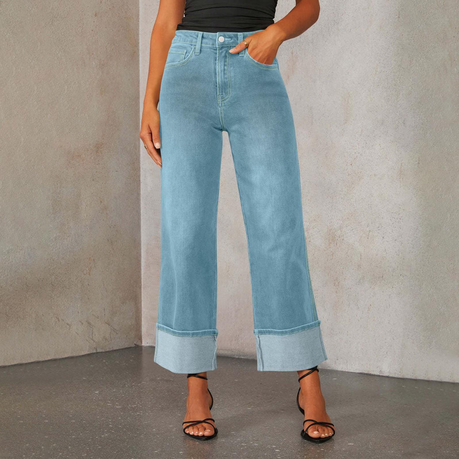 

Женские модные однотонные прямые джинсы с карманами и подвернутым краем XL