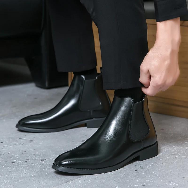 Fashion Italian Men Dress Chelsea Boots Fashion Casual Leather Flat Designer Boots Brand New Casual Business Office Walking Ankle Boots