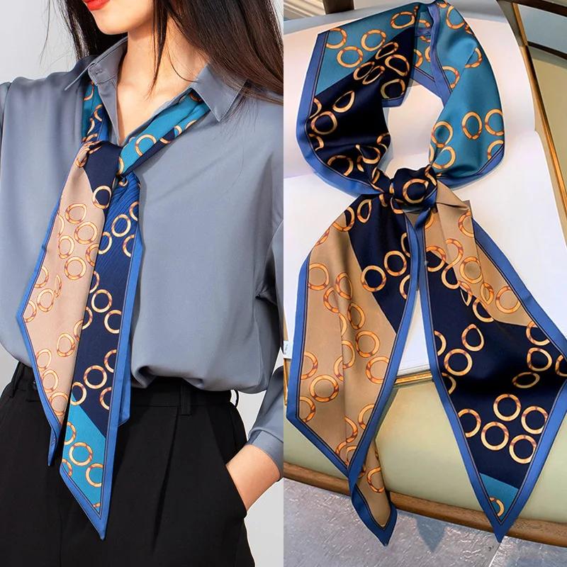 Mode Blauer Druck Seidenschal Damen Weicher Satin Pferdehaarband Schräges Halstuch Büro Hijab Stirnband Foulard Taschenbänder Geschenk