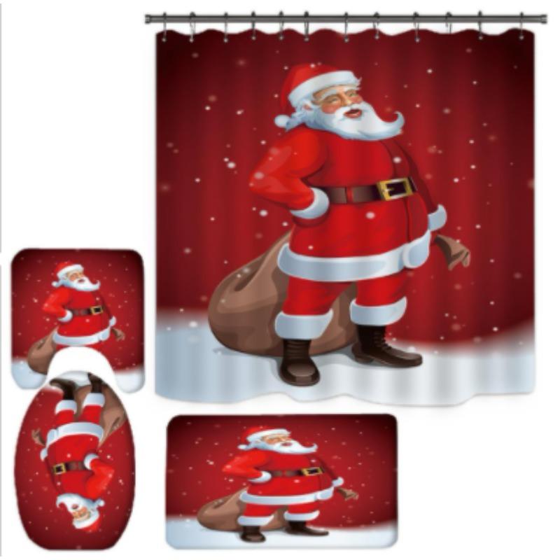 Merry Christmas Bathroom 4Pcs Set Snowman Santa Claus Pattern Waterproof Shower Curtain Toilet Cover Mat Non Slip Rug Home Decor