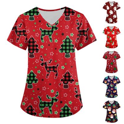 Women's Fashion V-neck Short Sleeve Workwear With Pockets Christmas Printed Tops