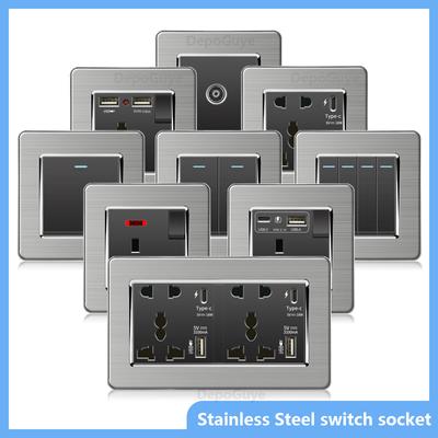 Luxury Brushed Stainless Steel Wall Light Switch,Universal 5pin 18W Type-C Quick Charging outlet,UK Standard Dual USB Socket