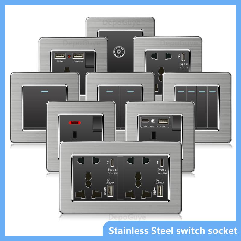 

luxury Brushed Stainless Steel Wall Light Switch,Universal 5pin 18W Type-C Quick charging outlet,UK Standard Dual USB Socket 1gang 1way