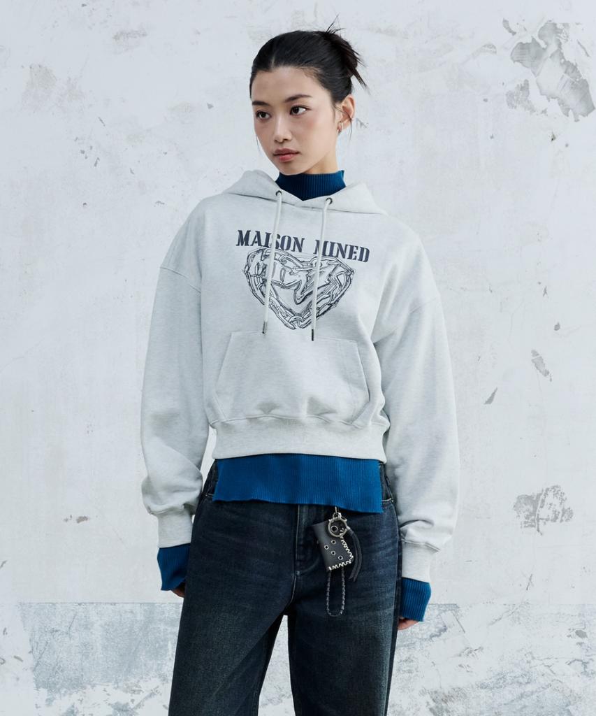 (W) Doodle Heart Crop Hoodie Melange White