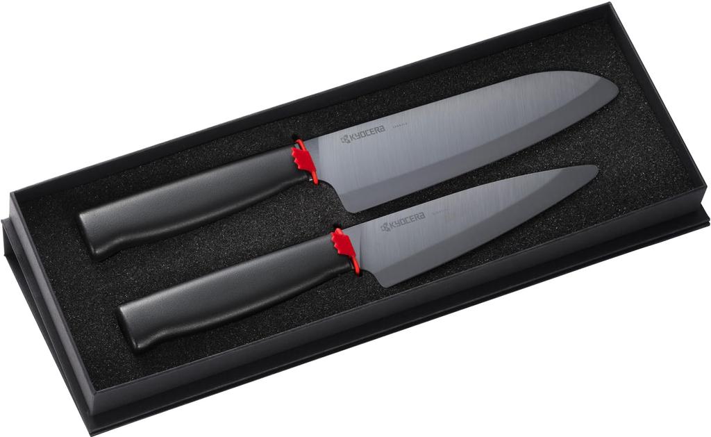 Keramický nůž Kyocera s černou čepelí 2dílný dárek Ostrý a čistě řezaný Santoku 16cm drobný 13cm tvrdý a keramický nůž Sada 2 černých set, lehký,