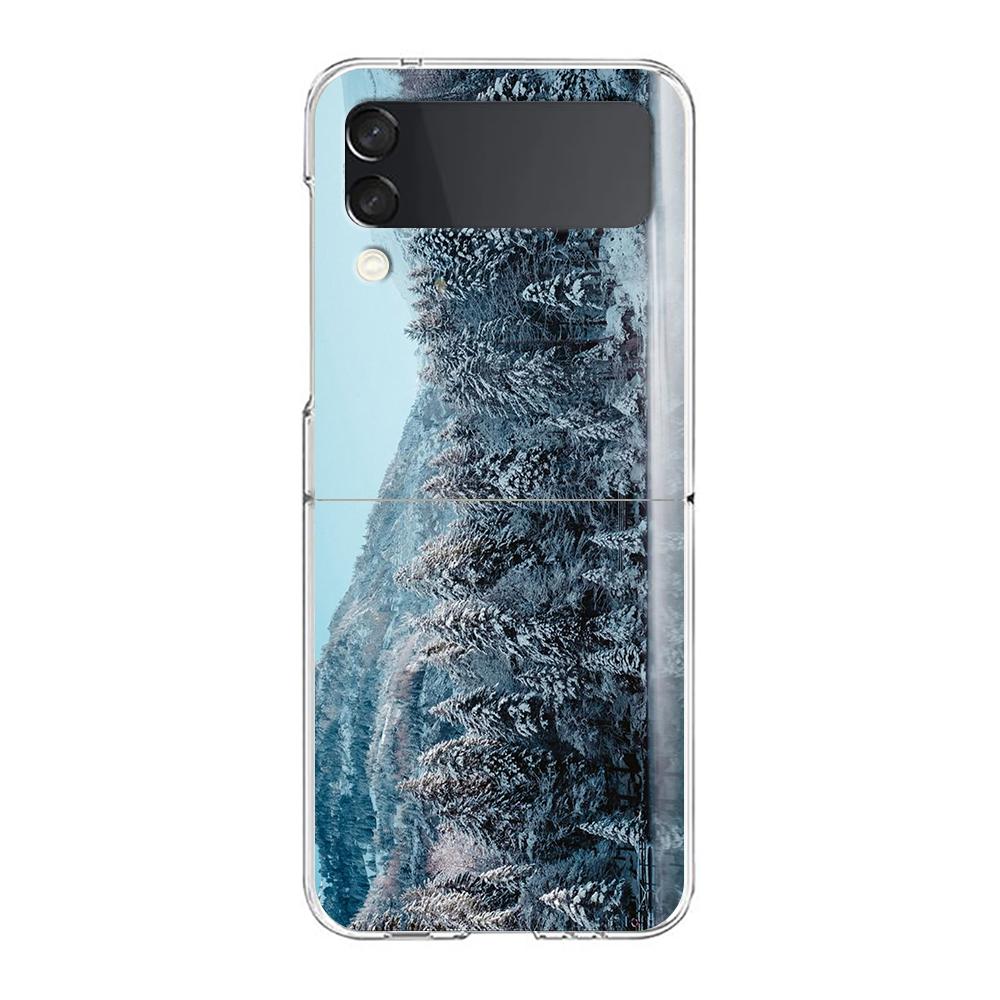 Winter Nature Snow Travel Art Phone Case For Samsung Galaxy Z Flip 3 4 5 Hard Folding PC Shell For Samsung Z Flip3 Clear Cover