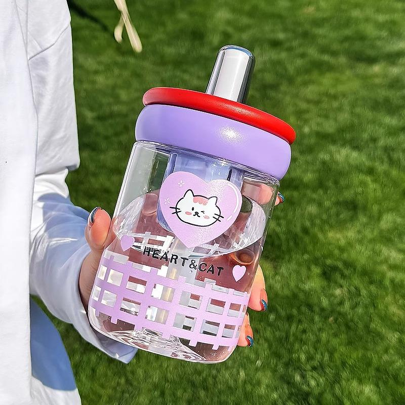 Water bottle cartoon children's plastic water cup girls high value out portable ton ton cup summer cute accompanying straw cup