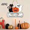 Creative Holiday Souvenir Halloween Wood Welcome Door Sign, Pumpkin Ghost Black Cat Hanging Decor for Spooky Party Supplies Front Door, Rustic