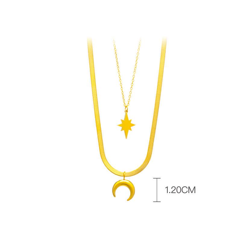 Gold-Plated Double Layer Moon & Star Pendant Necklace for Women, Personalized and Colorfast Titanium Steel, Hip Hop Style.