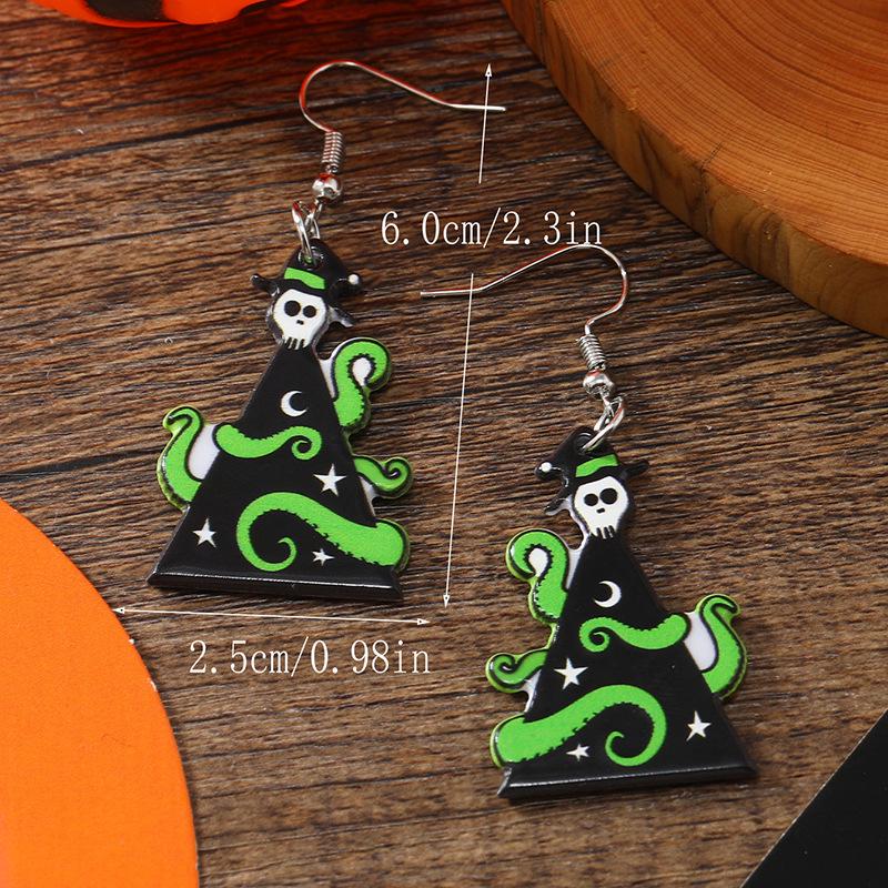 Exaggerated Skull & Black Cat Halloween Earrings - Double-Sided Acrylic, Dark Tree & Letter Design чёрный