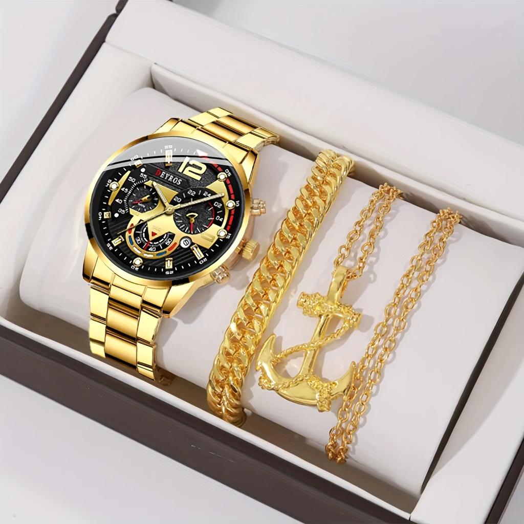 3pcs/set, Fashion Men's Business Watch, Casual Stainless Steel Quartz Wristwatch, Golden Necklace, Bracelet and Wristwatches Set