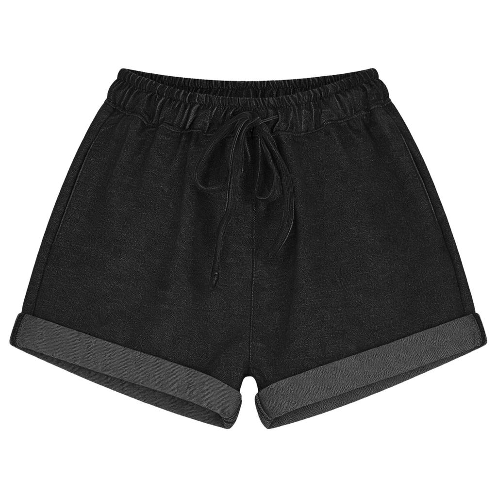 Women Casual Loose Fit Denim Shorts with Elastic Waistband Adjustable Drawstring and Rolled Hem for Daily Wear