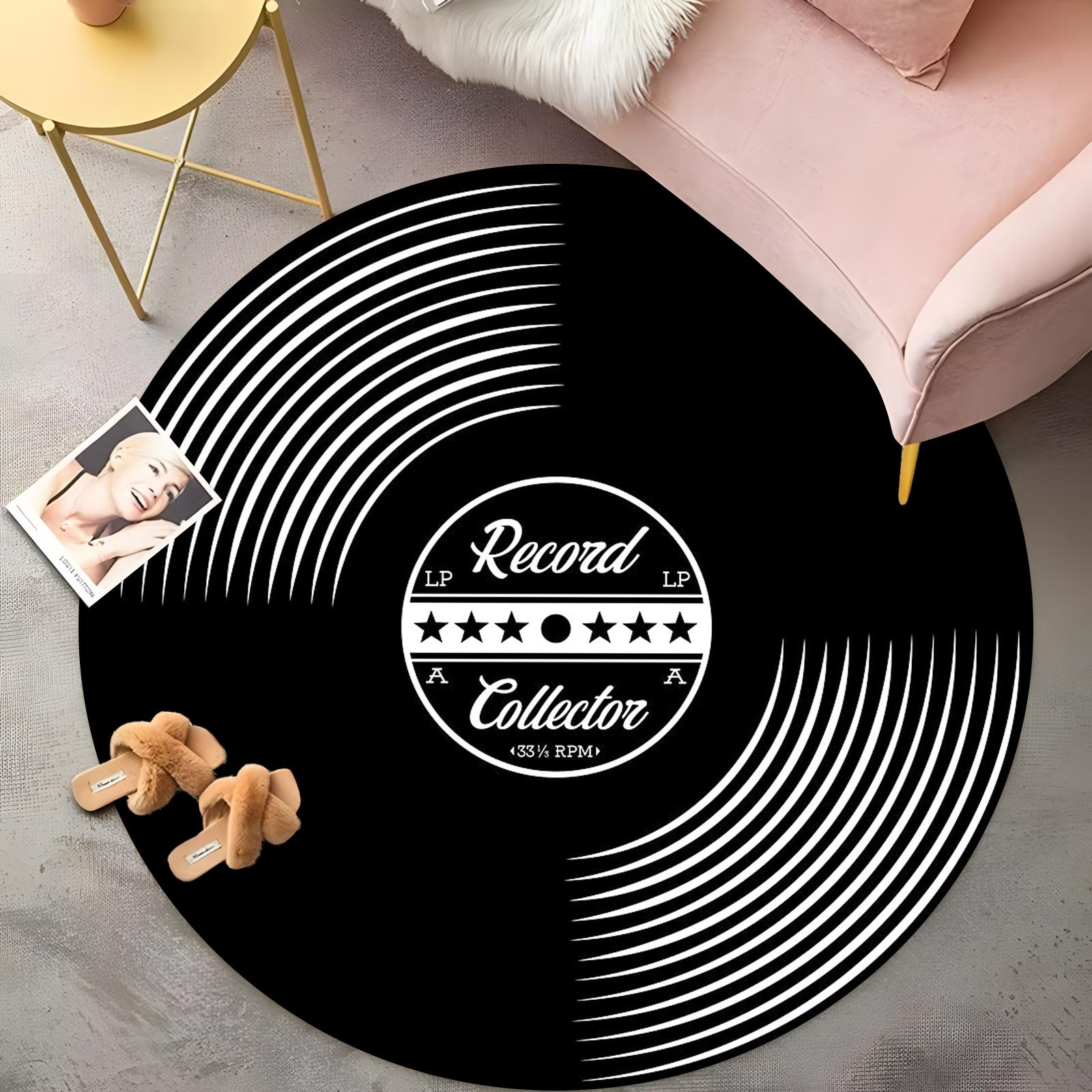 

Record Collector Round Rug Vintage Vinyl LP Design with French Grocery Labels,Retro Music Lover Carpet, Non-Slip Boho Home Decor 60cm