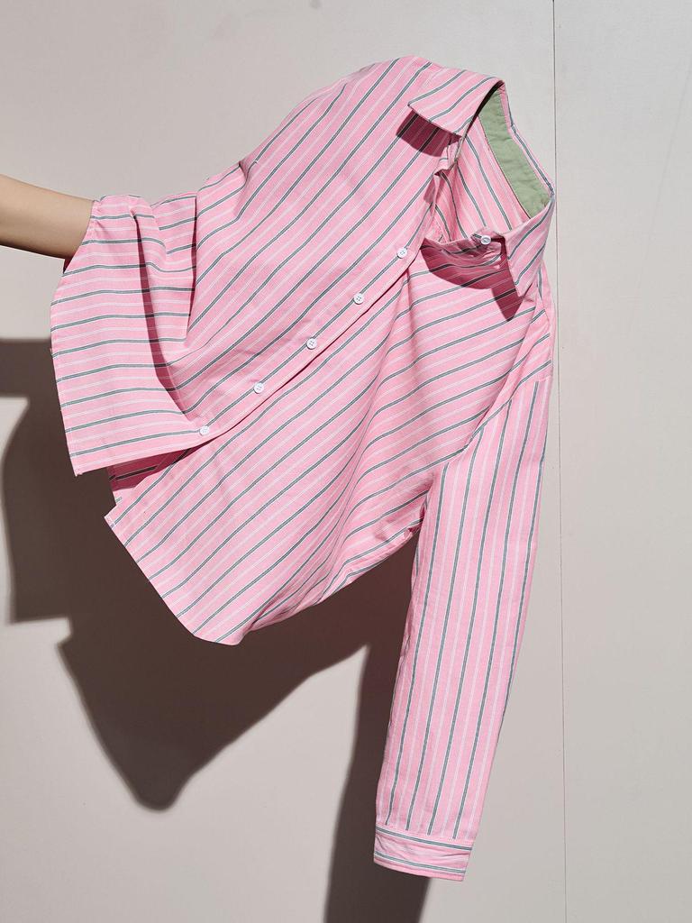 Women's Korean-Style Pink Striped Polo Long-Sleeve Shirt, Loose Fit, Versatile for Early Autumn