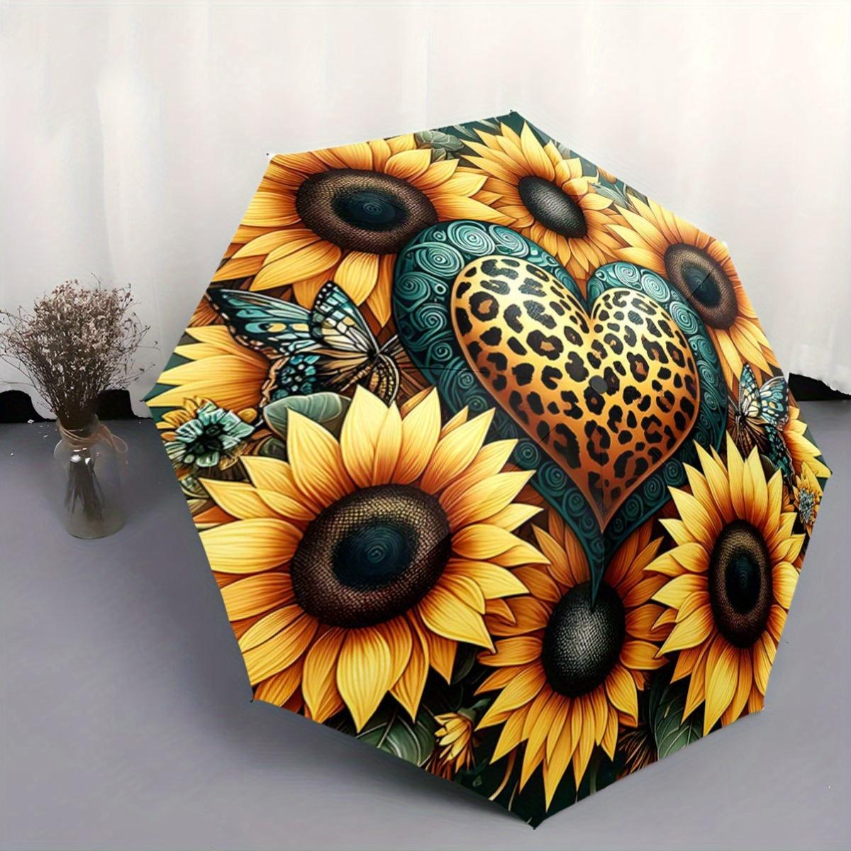 

Automatic Open/Close Umbrella with Sunflower, Leopard Print Heart & Butterflies - Compact Travel Umbrella, All-Season Folding (as the picture,Iron&8K)