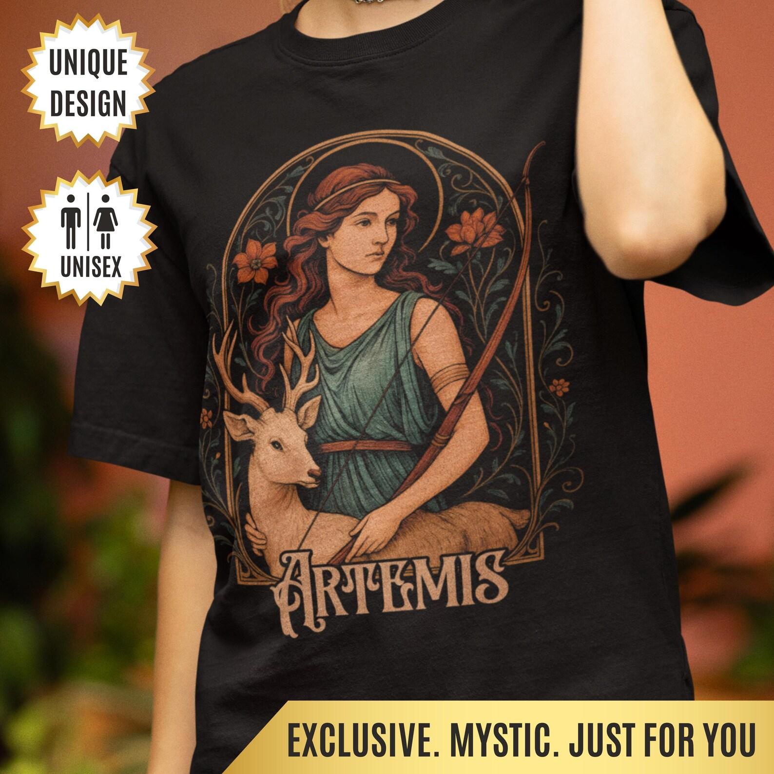 Artemis Shirt Greek Goddess of the Hunt Tee Gift for Her, Art Nouveau Pagan T-Shirt Celestial Moon Deity Vintage Style, Feminine Divine Gift S