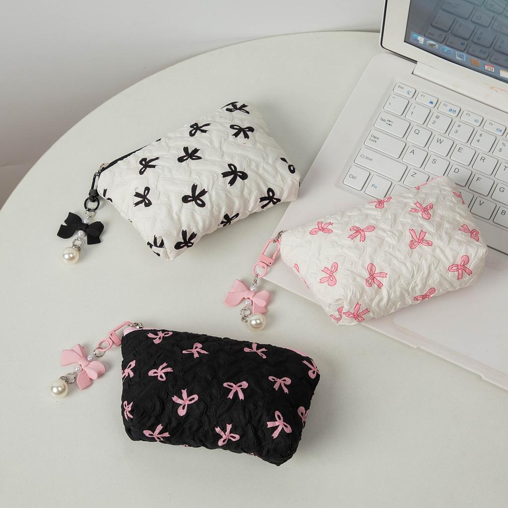 Elegant Bow Decor Cosmetic Bag Portable Makeup Storage Pouch Large Capacity Purse For Lipstick Skincare Accessories Daily Travel