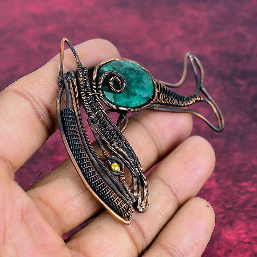 Faceted Zambian Emerald Gemstone Pendant Copper Wire Wrapped Jewelry Fish Pendant