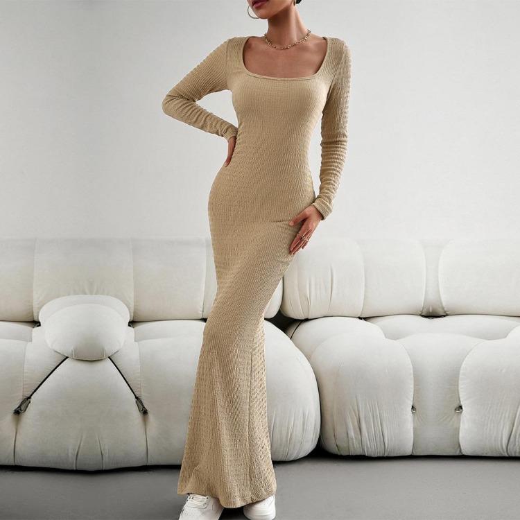 Rochie Tricotată Toamnă Femei Culoare Solidă Croială Slim Fit Mânecă Lungă Gât Pătrat