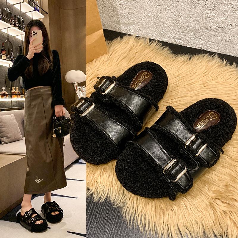 

New Internet celebrity thick-bottomed double-buckle Mao Mao slippers women s wear 2025 temperament light luxury premium autumn and winter Mao Mao 40 чёрный