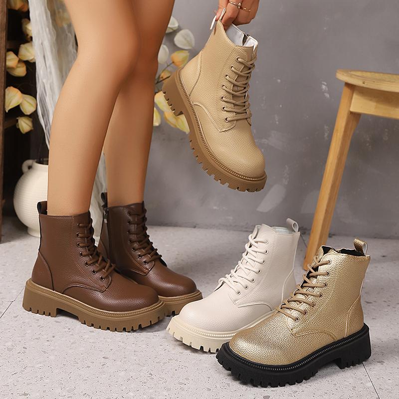 Fashion Fashion Gold PU Leather Platform Ankle Boots Women Thick Sole Lace Up Combat Booties Woman Autumn Winter Chunky Heel Short Boots