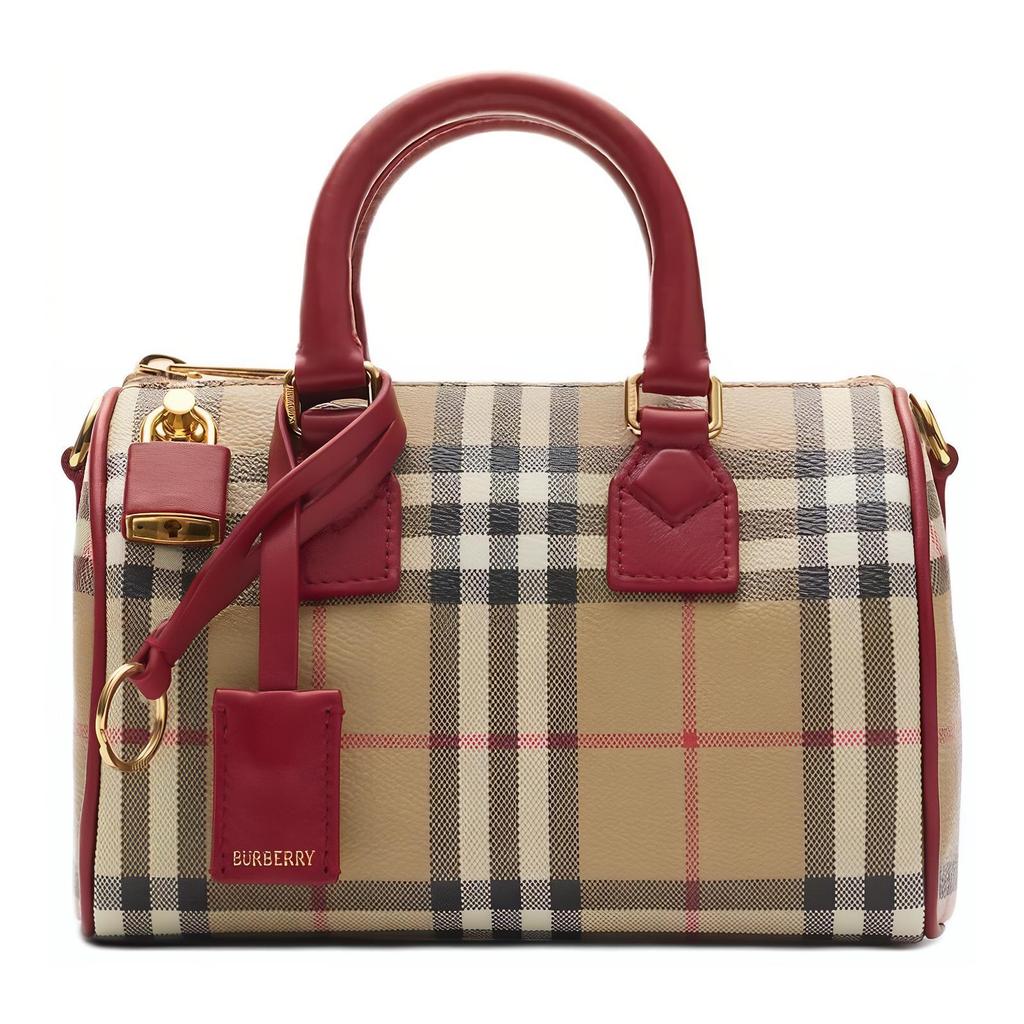 Burberry Mini Borsa Boston a Quadri Vintage con Bordi in Pelle Rossa e Ferramenta Dorata per l'Uso Quotidiano