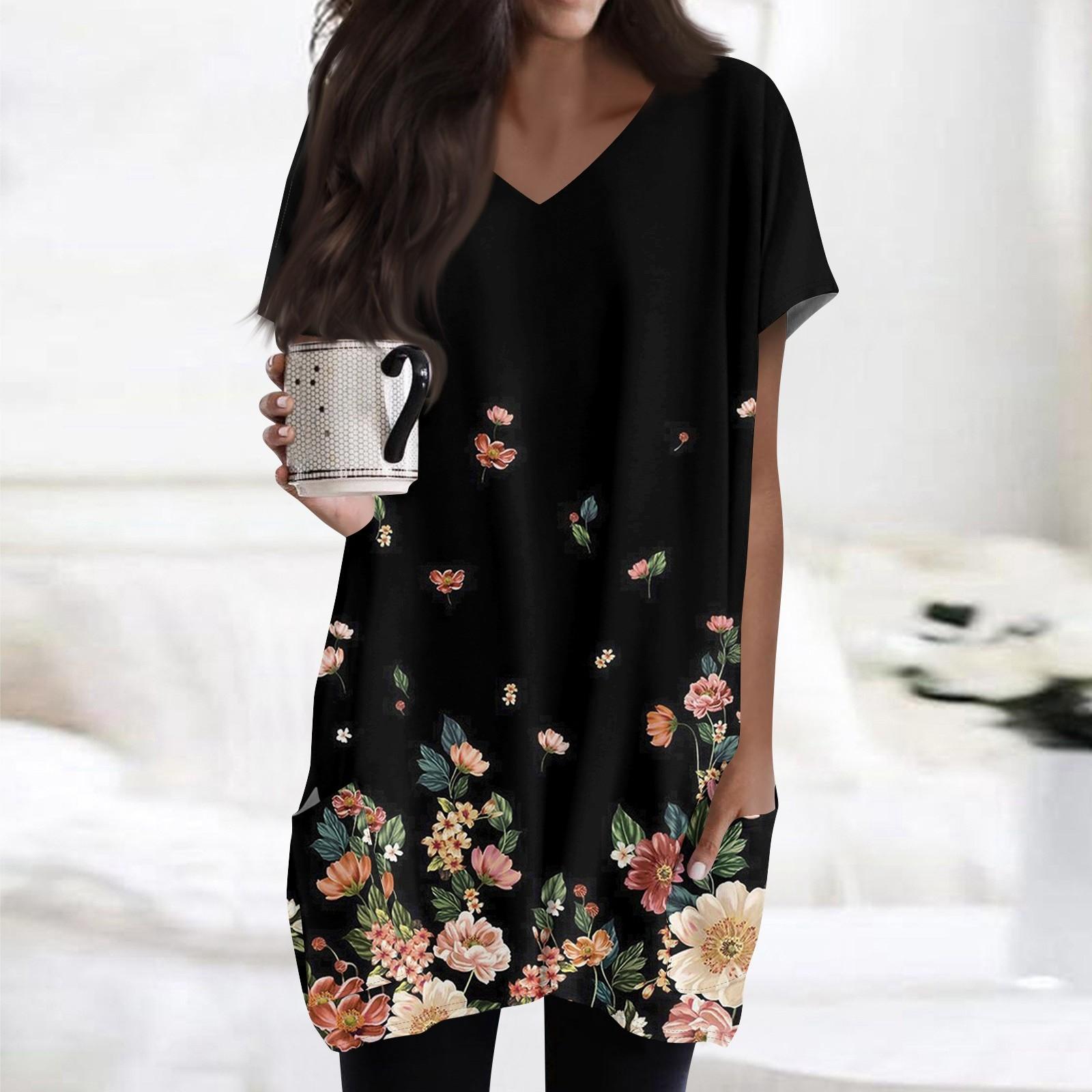 

Женские топы с V-образным вырезом, блузки с коротким рукавом, повседневные рубашки средней длины, модные туники с принтом и карманами L