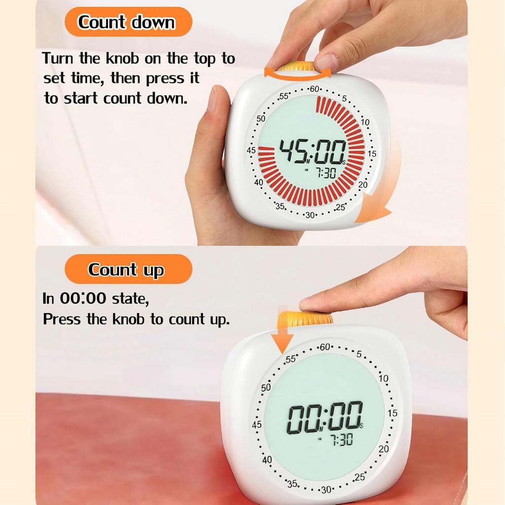 Pomodoro Digital Visual Timer with 3 Alarm Clock, All In One 60min Study Kitchen Shower Blacknight Cute Timer, Time Manager Tool