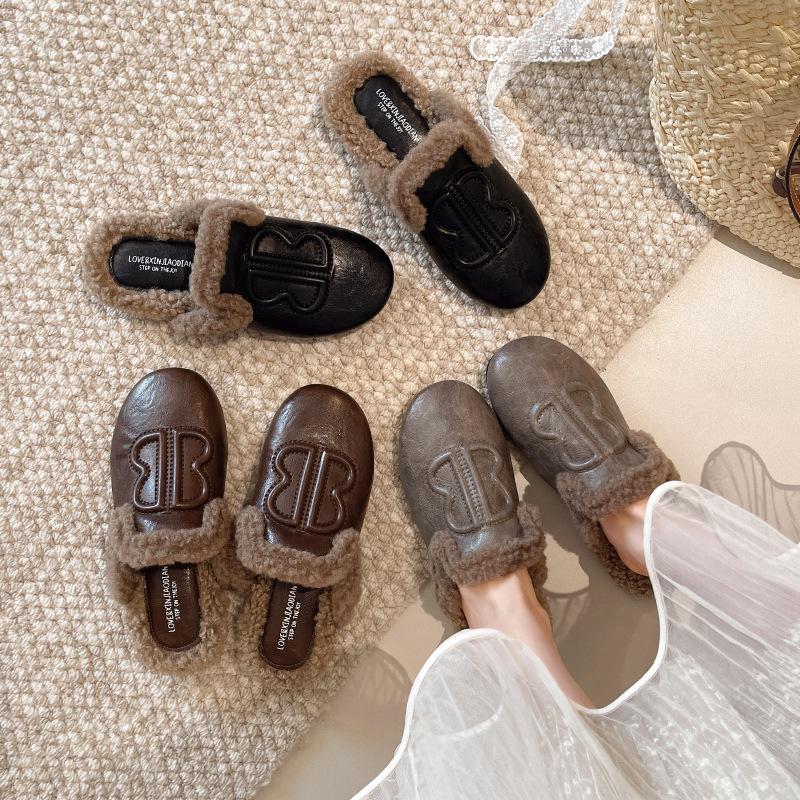 Baotou Half Slippers Women Wear New Models In Autumn and Winter, Piled One-pedal Fluffy Cotton Shoes Slippers Women's Shoes Leather Bag Head Drag