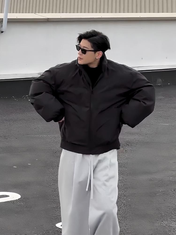 Męska czarna kurtka bomber: Płaszcz puchowy, luźny krój, fajna kurtka baseballowa w amerykańskim stylu
