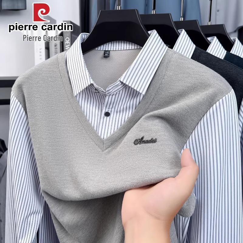 Pierre Cardin Men's Faux Two-Piece Long Sleeve Shirt Collar Sweater
