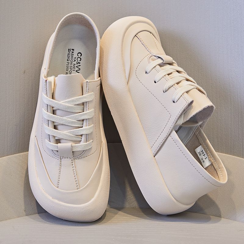 Fashion GKTINOO Genuine Leather Lace Up White Shoes For Women Flats Heel Sofe Soles Sneakers Shoes Luxury Leisure Fashion Big Head Shoes