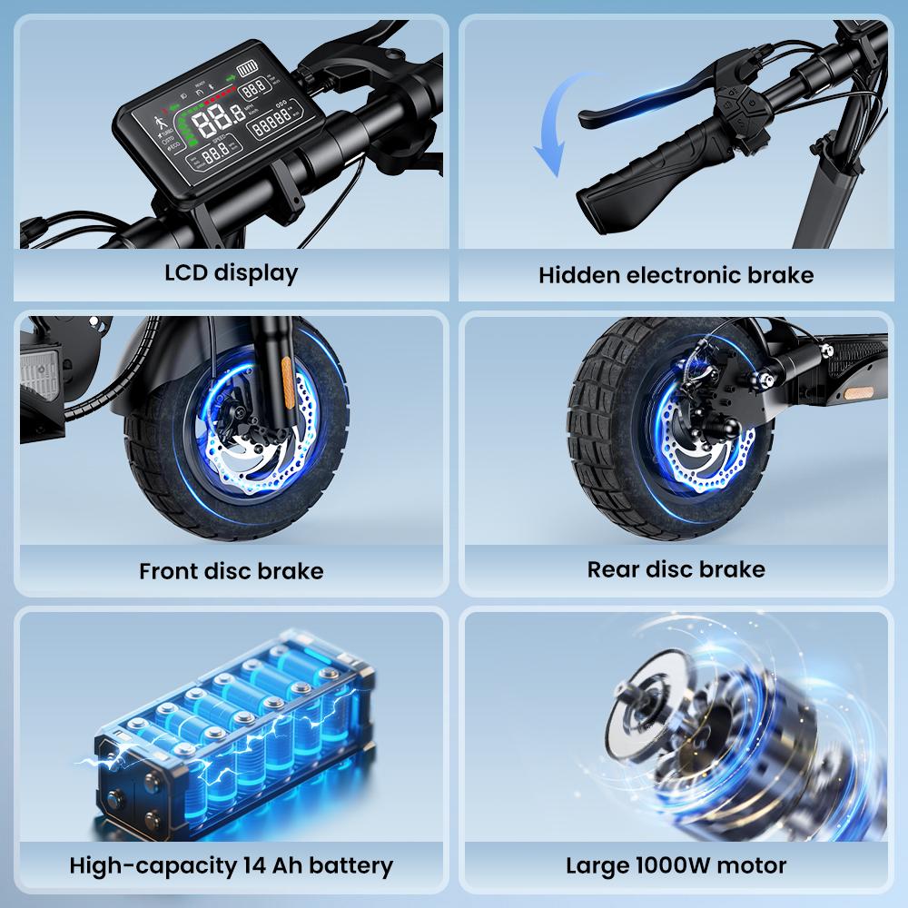 iScooter Электросамокат W9 1000W, 48В 14Ач, запас хода 45 км, 45 км/ч, складная конструкция, 10-дюймовые шины для городских поездок