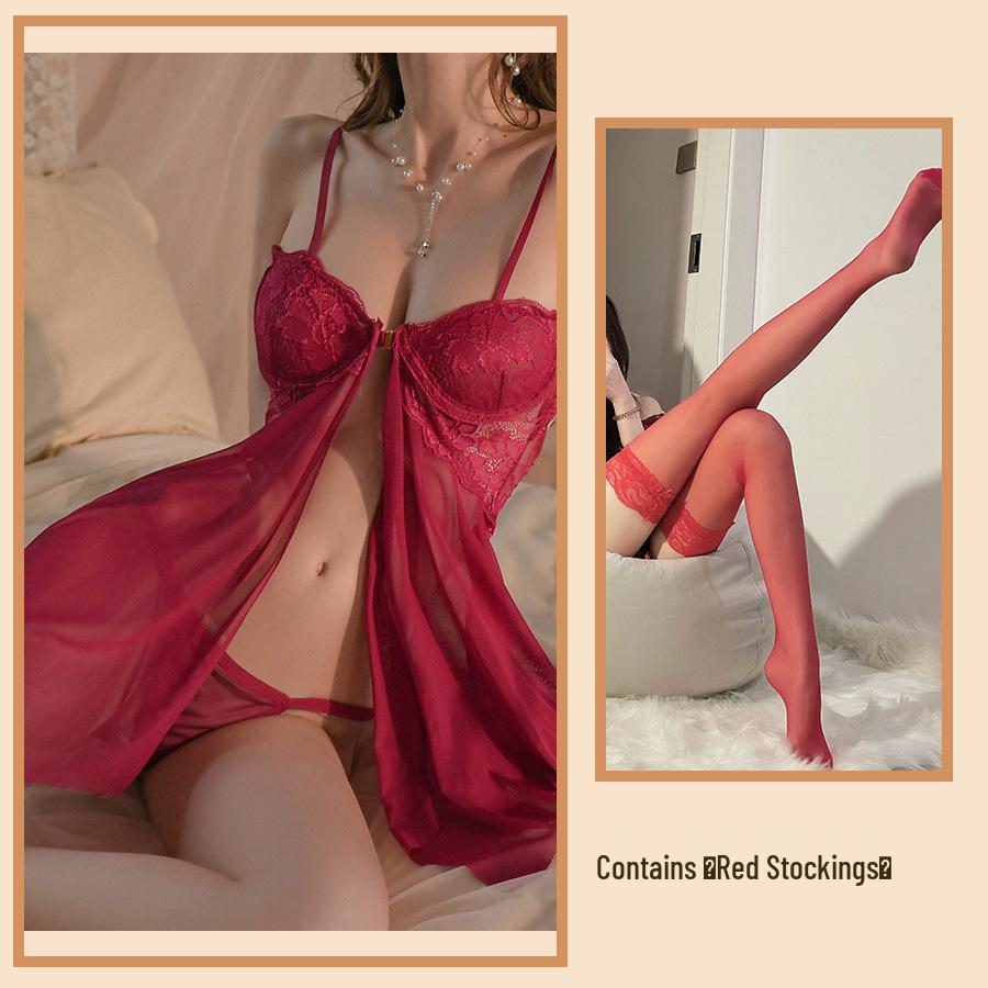 Golden Night Lingerie: Sexy Lace Push-Up Nightgown with Front Split