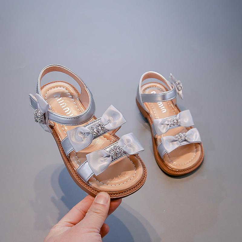 Summer Girls Open Toe Rhinestone Bow Princess Sandals Kids Stage Performance Dress Shoes